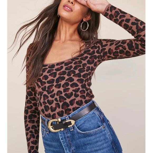 LPA Revolve Mia Top Leopard Print Fitted Square Neck Black Brown Size Small - Picture 9 of 9